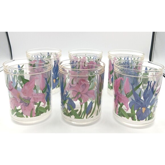 Vtg Tumblers Glasses Mid Century Modern Acrylic Floral Print Retro 4.5" H Set 6 - Picture 1 of 10